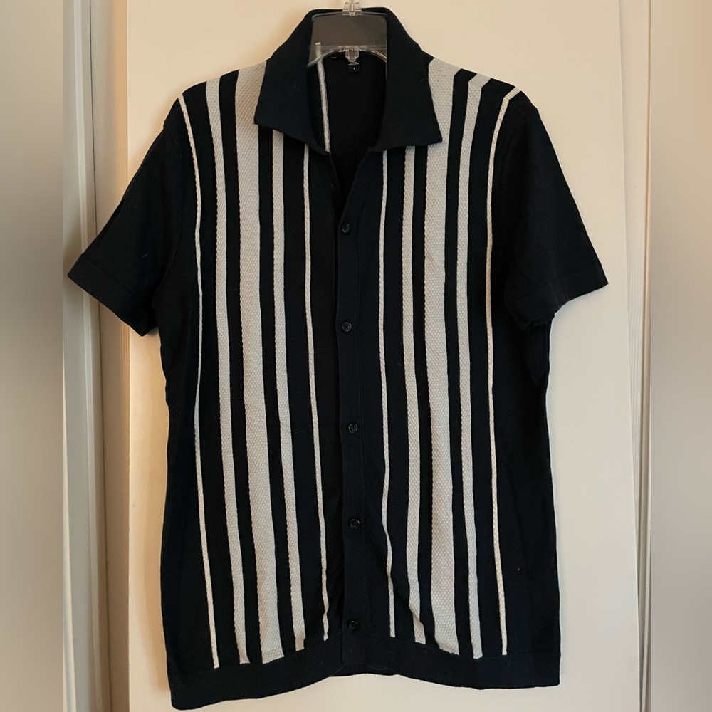 Men’s S: Express Cotton Button Up Polo Short Sleeve Knit Shirt Navy/White NWOT!